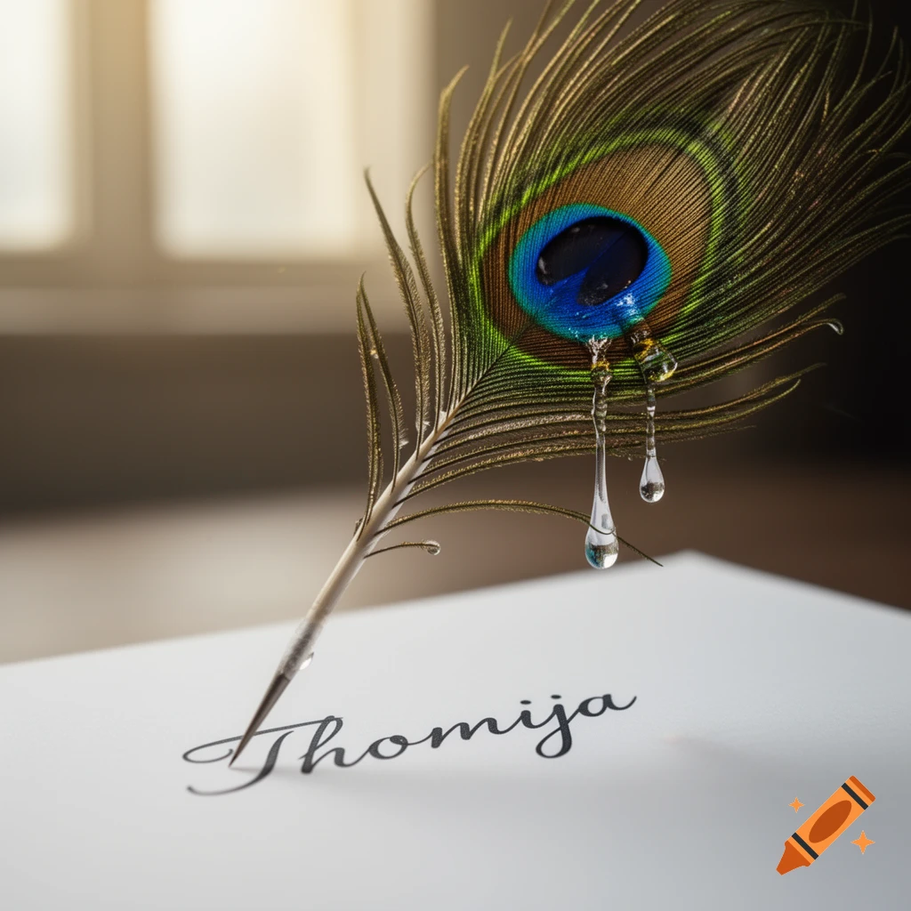 A close-up of a peacock feather quill writing the name 'Thomija' in cursive on white paper, with glistening water drops falling from the feather's eye pattern.