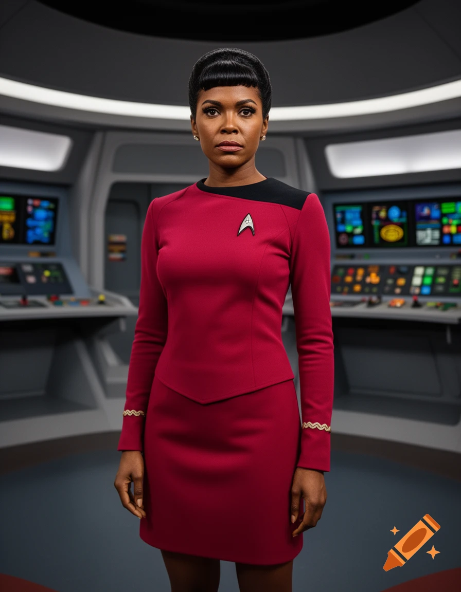 A serious woman in a red Star Trek miniskirt uniform stands on a spaceship bridge.