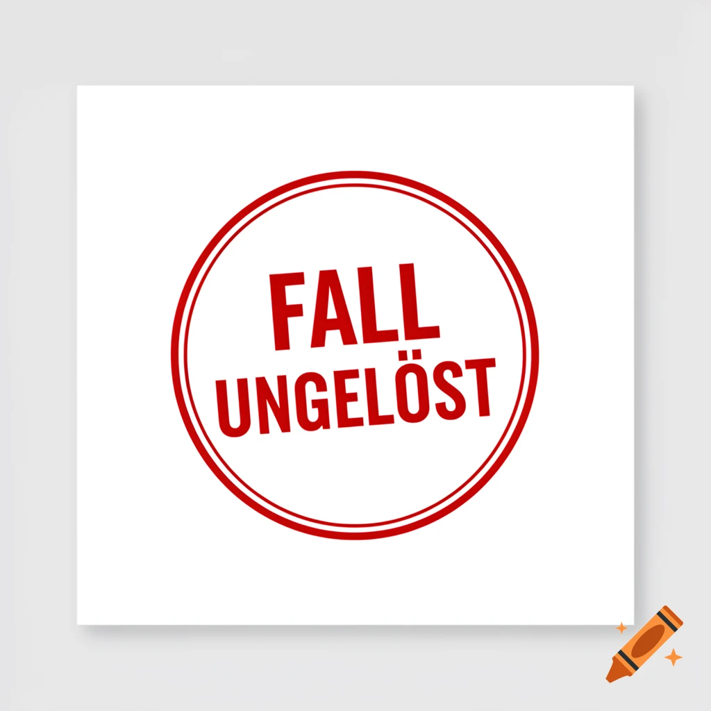 Red circular stamp with bold red text 'FALL UNGELÖST' (CASE UNSOLVED) on a white background.