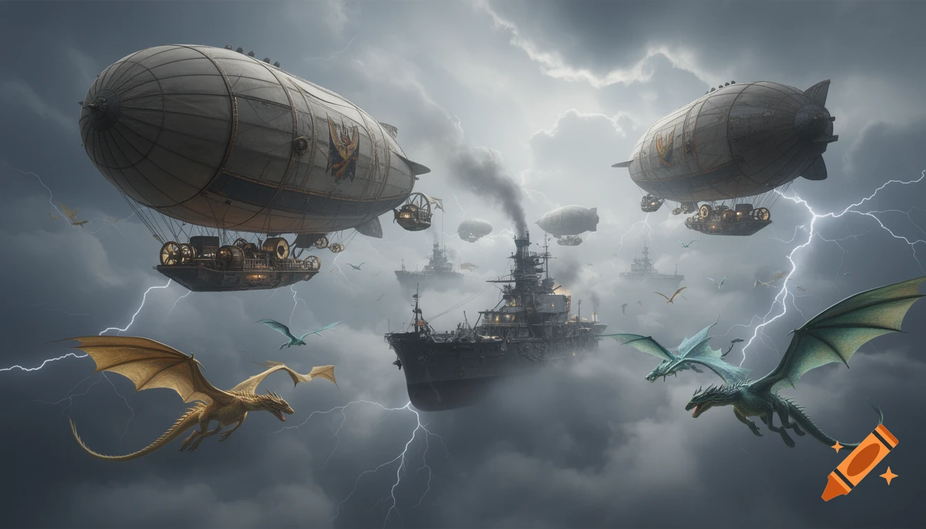 Steampunk airships, battleships, and dragons engage in a fantasy battle amidst a stormy, lightning-filled sky.