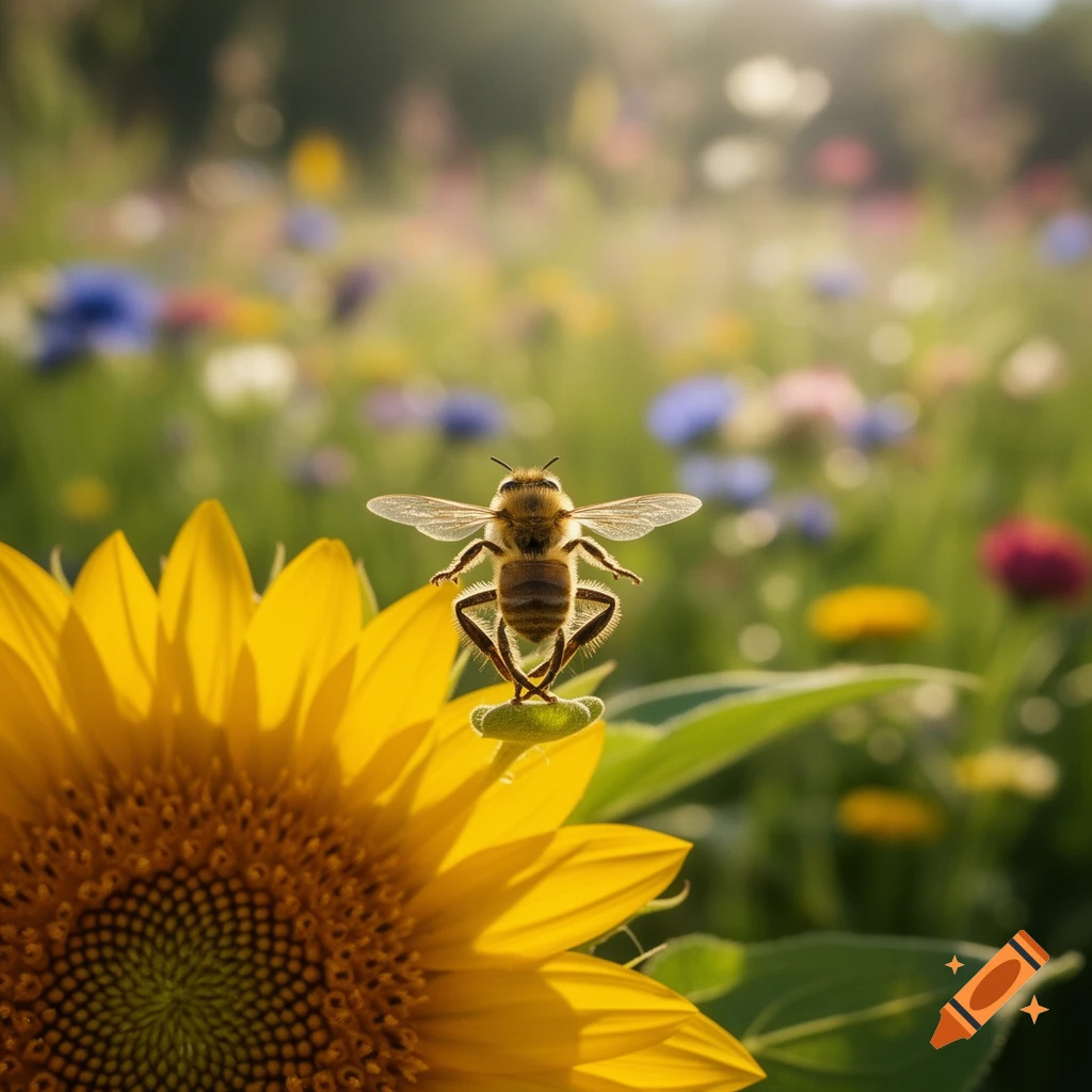 A fuzzy bee stands on a green leaf on a bright yellow sunflower, performing a yoga-like pose, with a blurred field of colorful wildflowers in the background.