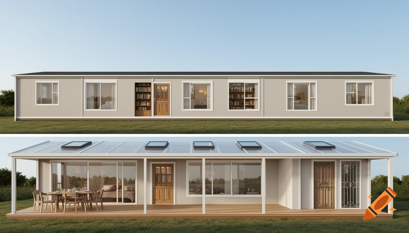 A two-panel image showing a modular house exterior. The top panel shows the side with various windows and a wooden front door. The bottom panel shows a similar house with a wooden deck and a transparent roof with skylights.