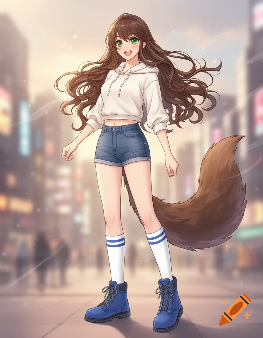 Manhua art of a smiling woman with long brown hair, green eyes, a wolf tail, white cropped hoodie, denim shorts, striped socks, and blue boots.
