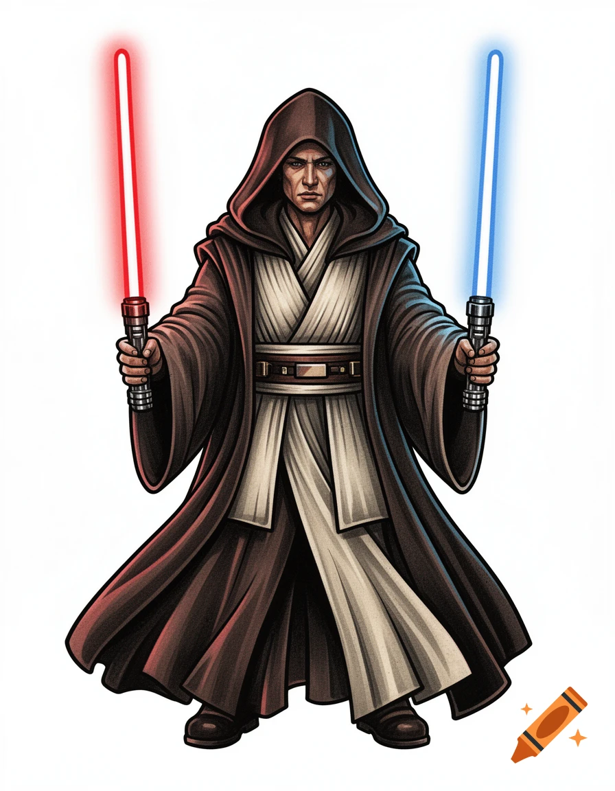 A robed figure resembling a Jedi holds a red lightsaber in one hand and a blue lightsaber in the other, in a new traditional tattoo style.