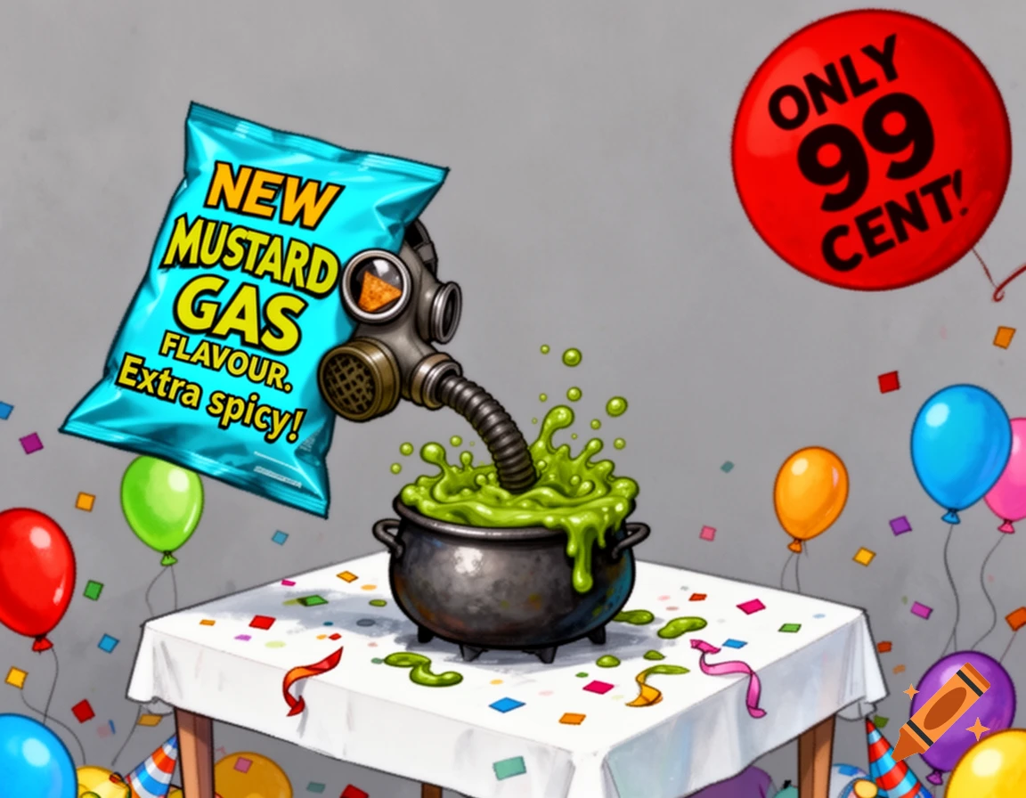 Cartoonish image of a chip bag labeled 'NEW MUSTARD GAS FLAVOUR' with a gas mask drinking from a bubbling cauldron, surrounded by party balloons and confetti. A red balloon says 'ONLY 99 CENT!'.