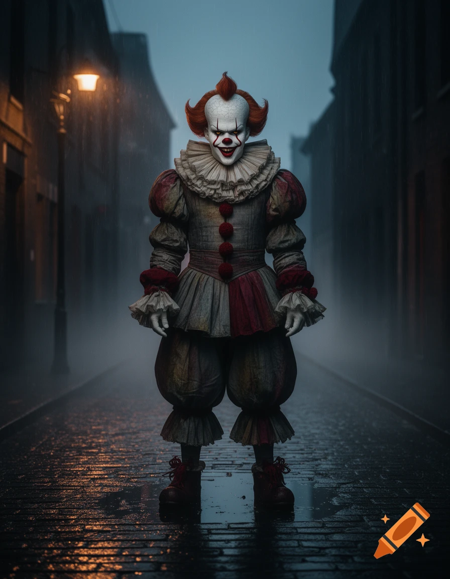 A full-body shot of Pennywise, the horror clown, standing in a dark, rainy alley with a glowing street lamp, in a photorealistic style.