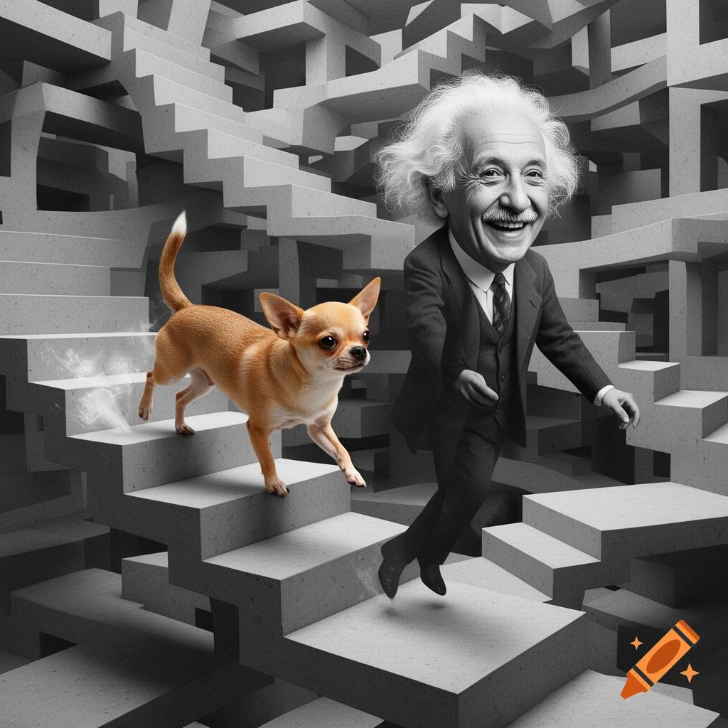 AI art of a cartoon Albert Einstein and a tan chihuahua on an impossible Escher-style staircase.