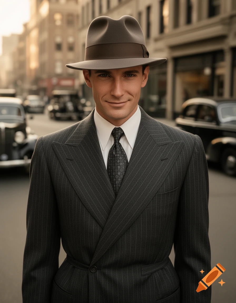 A man in a brown fedora and a pinstripe suit smiles on a 1930s city street with vintage cars.