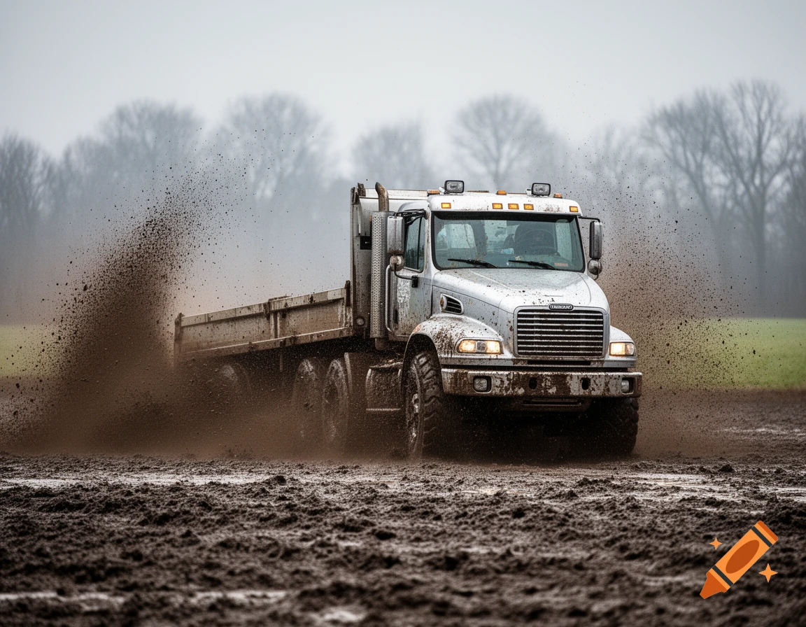 A silver dump truck kicks up a large splash of mud as it drives through a muddy field on a cloudy day, bare trees in background.