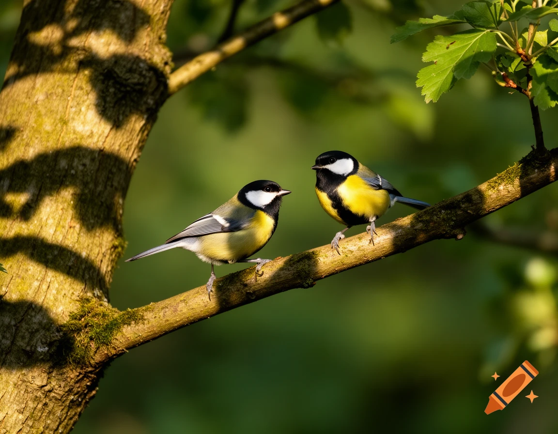 Two yellow, black, and white great tits perch on a mossy tree branch against a blurry green background in natural light.