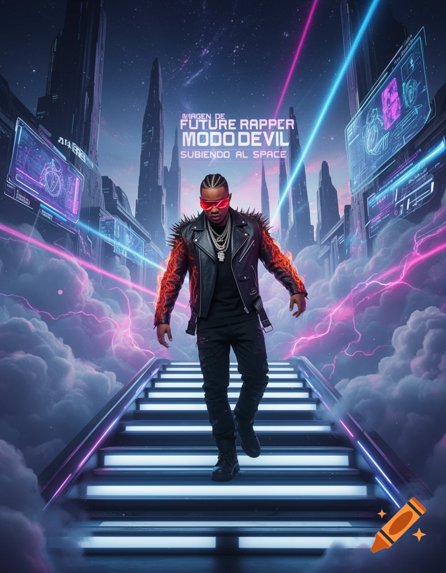 A stylish rapper in red sunglasses and a studded jacket walks up a glowing staircase into a futuristic city under a starry sky with neon lights and clouds.