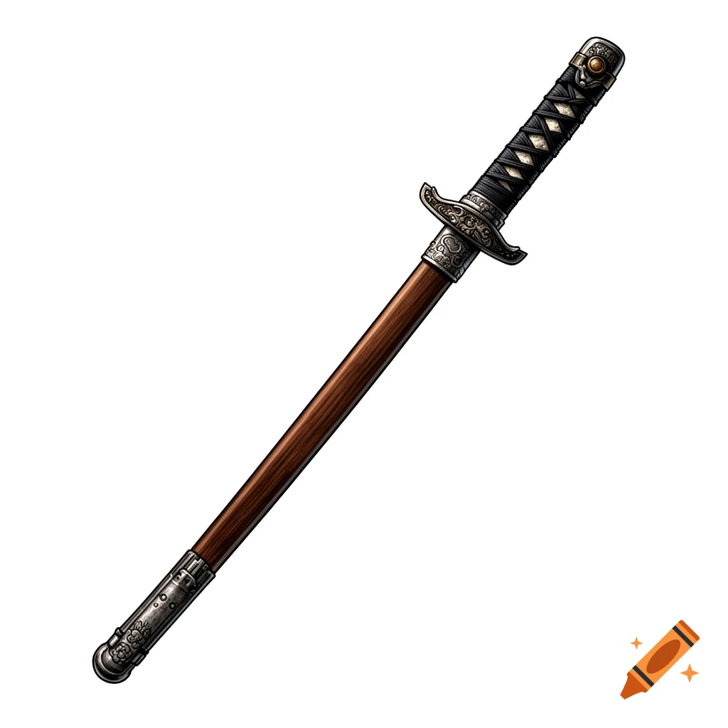 Detailed illustration of a traditional Japanese jitte with a brown wooden sheath and ornate metal fittings, against a white background.