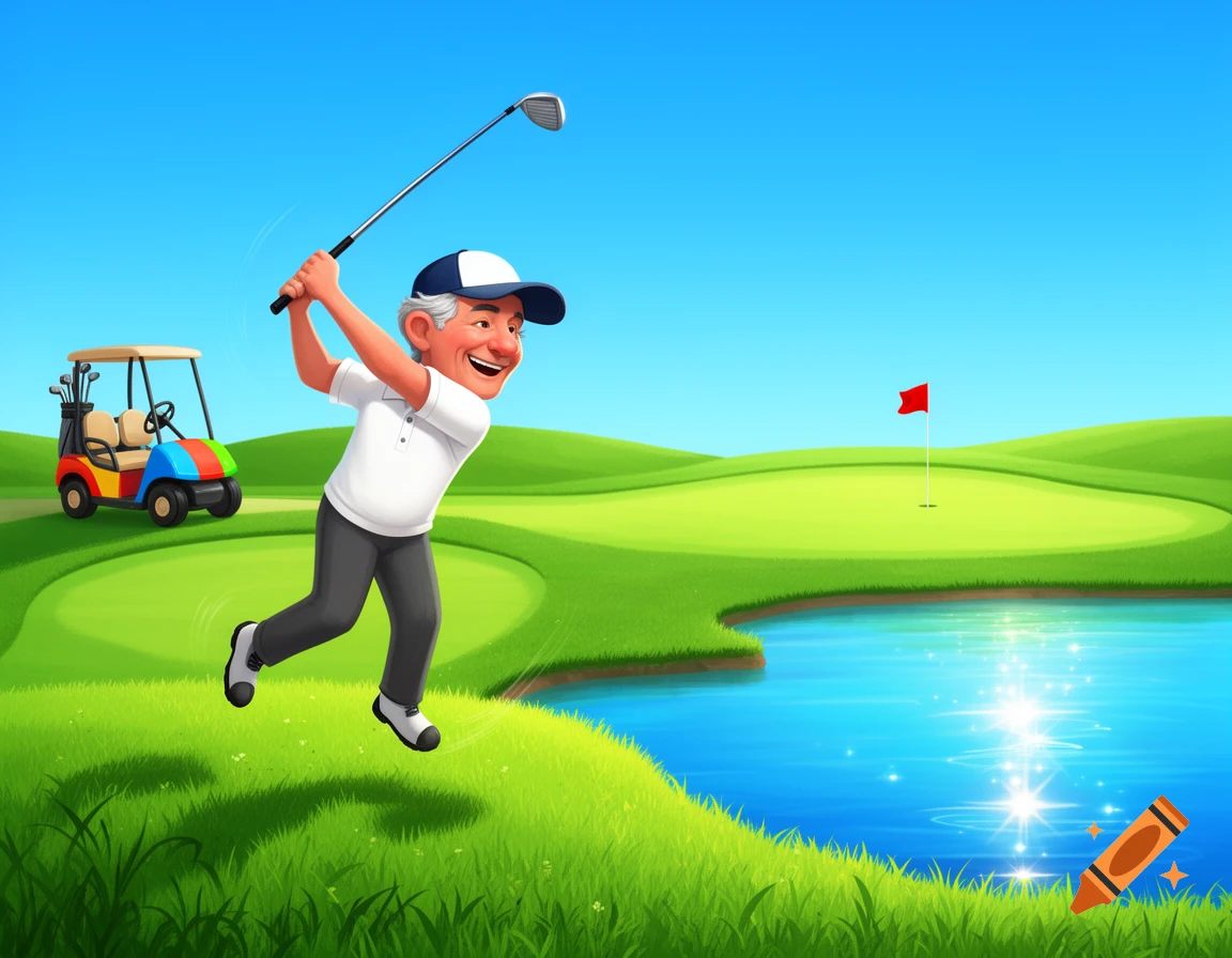 Vibrant cartoon of an older man in a baseball hat swinging a golf club on a green course next to a sparkling blue lake, with a golf cart and flagstick in the background.