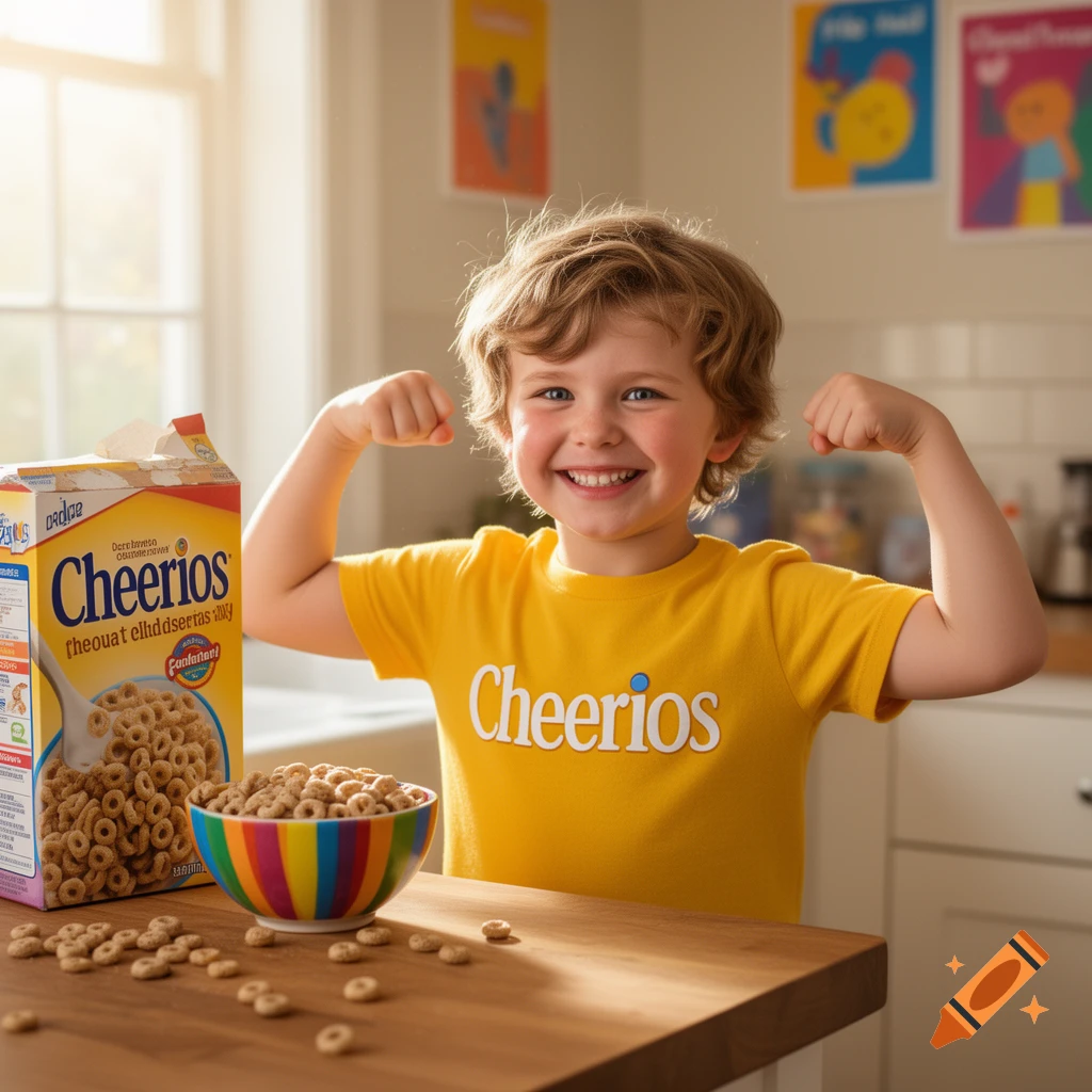 A happy child in a yellow "Cheerios" shirt flexes next to a box and bowl of Cheerios cereal on a wooden table.
