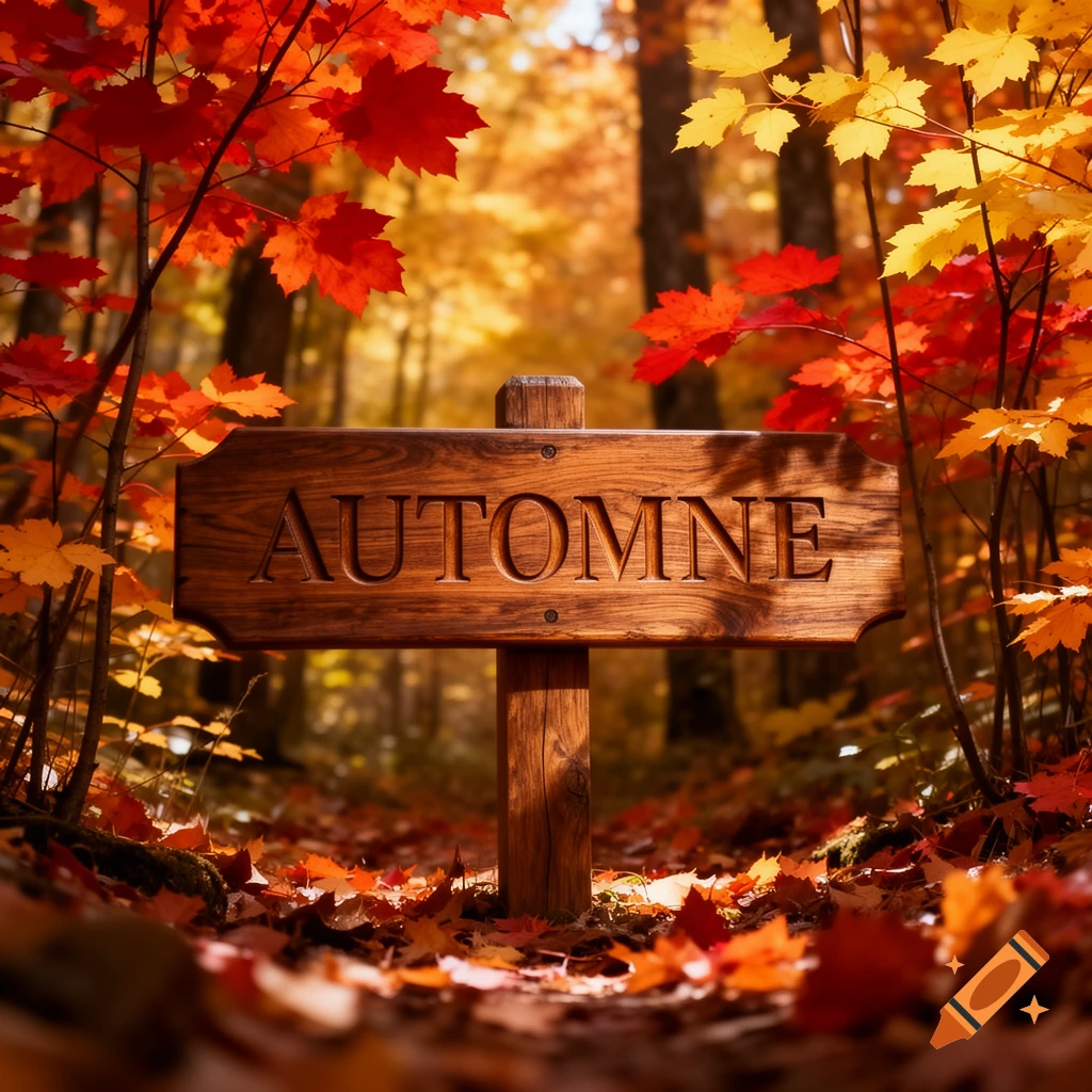 A wooden sign with "AUTOMNE" carved into it stands on a path in a vibrant autumn forest, surrounded by red and yellow leaves.