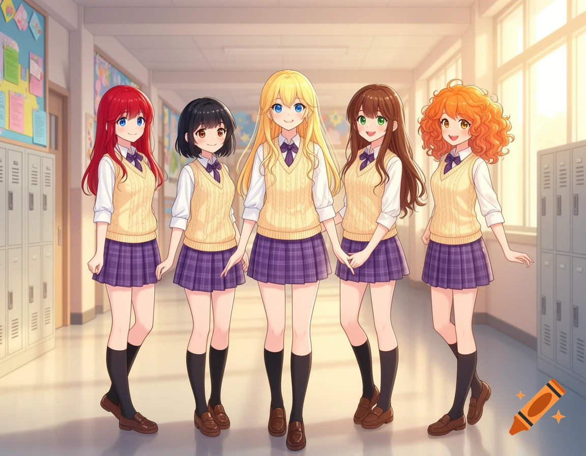 Five cheerful anime schoolgirls in uniforms standing in a bright school hallway.