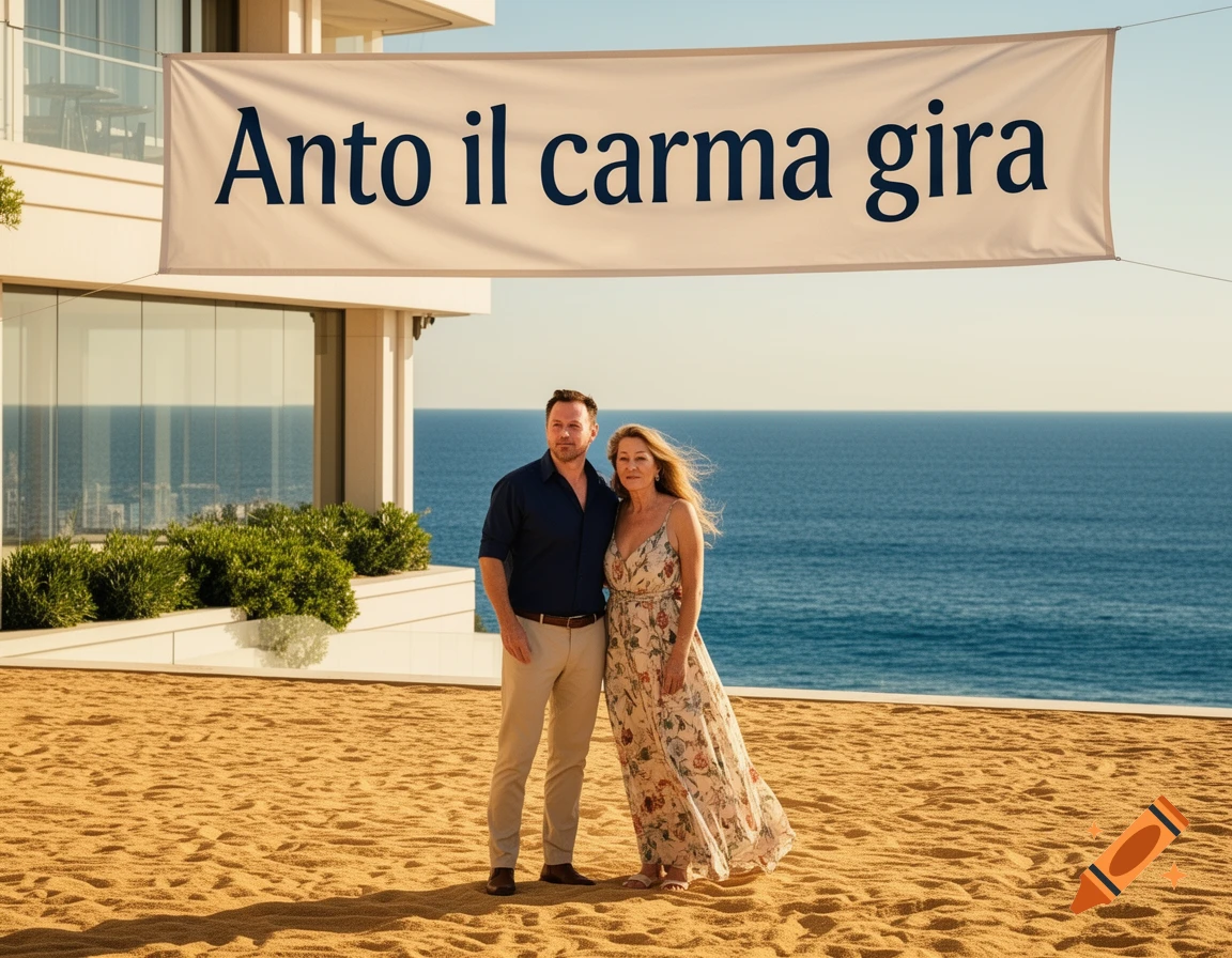 A man and a woman stand on a sandy beach in front of a modern building and the ocean, under a banner reading 'Anto il carma gira'.