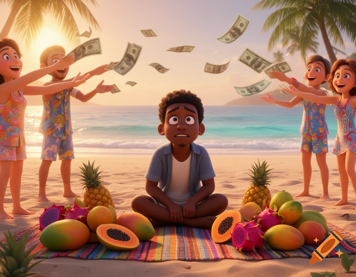 A confused Black person sits on a mat with tropical fruit on a beach at sunset, while other people throw money at them in Pixar animated style.