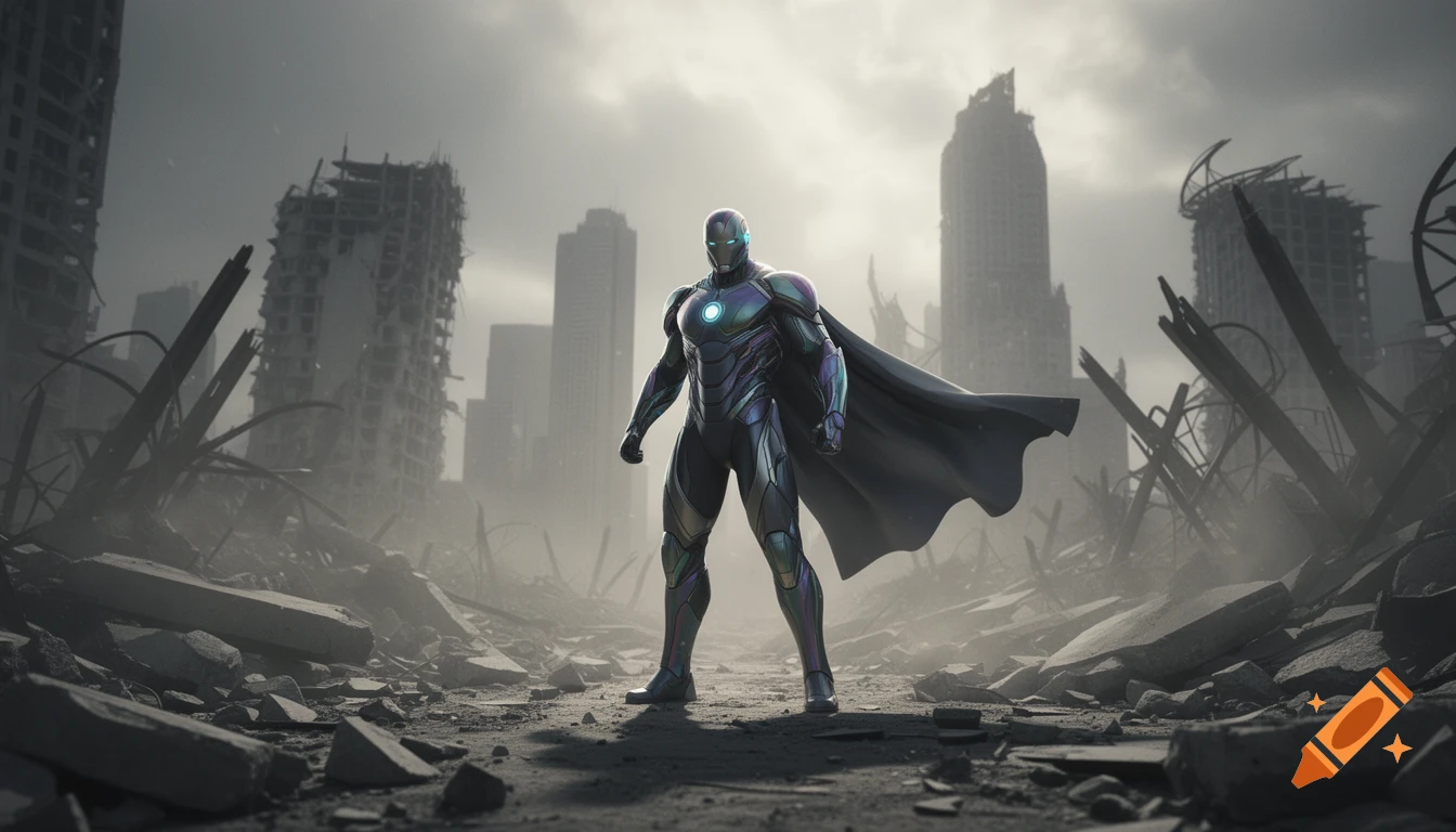 Futuristic superhero in a metallic suit and cape stands among the rubble of a ruined city under a cloudy sky.