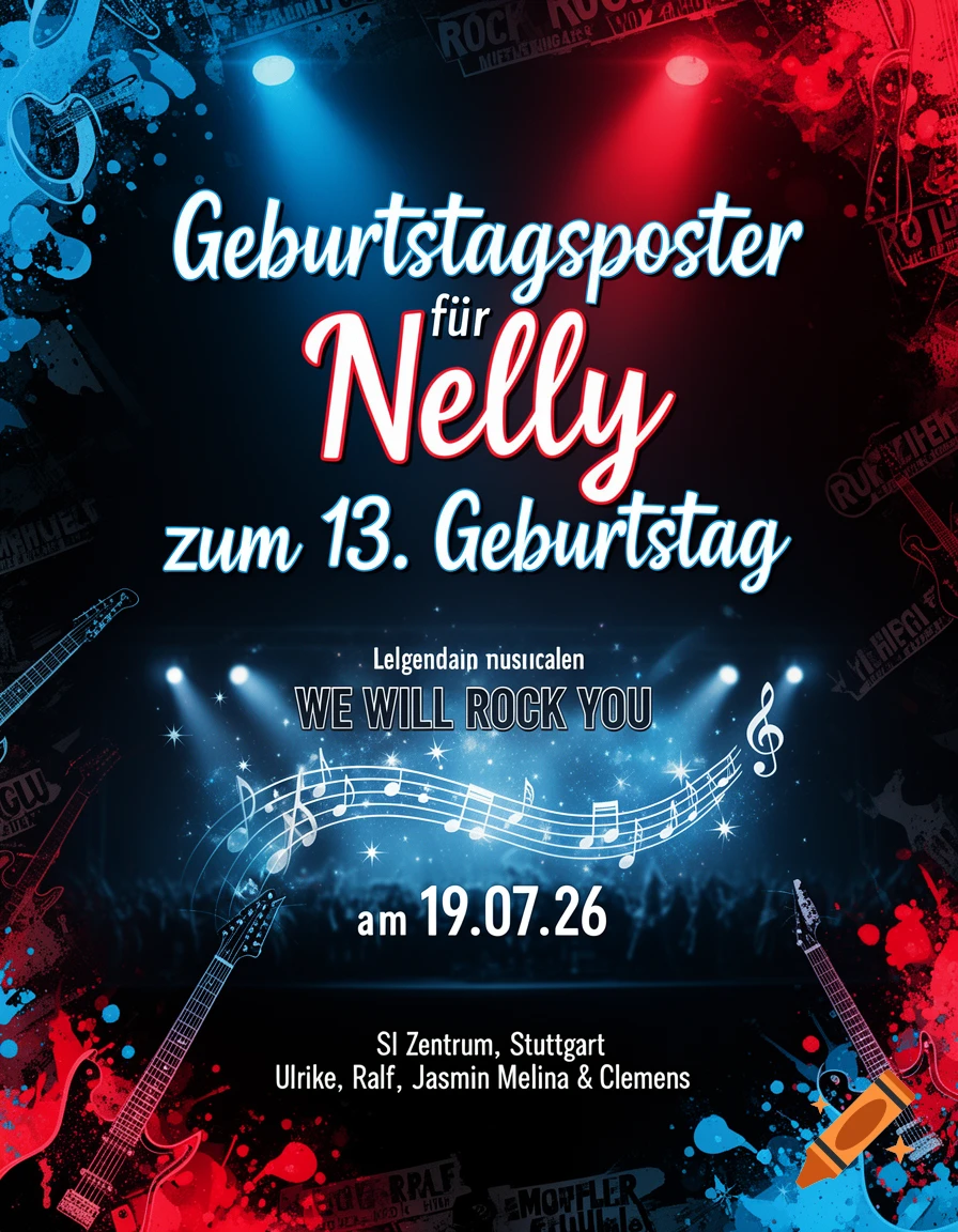 A dark blue and red rock-themed birthday poster for Nelly's 13th birthday, featuring electric guitars, spotlights, musical notes, and text for a 'We Will Rock You' musical invitation.