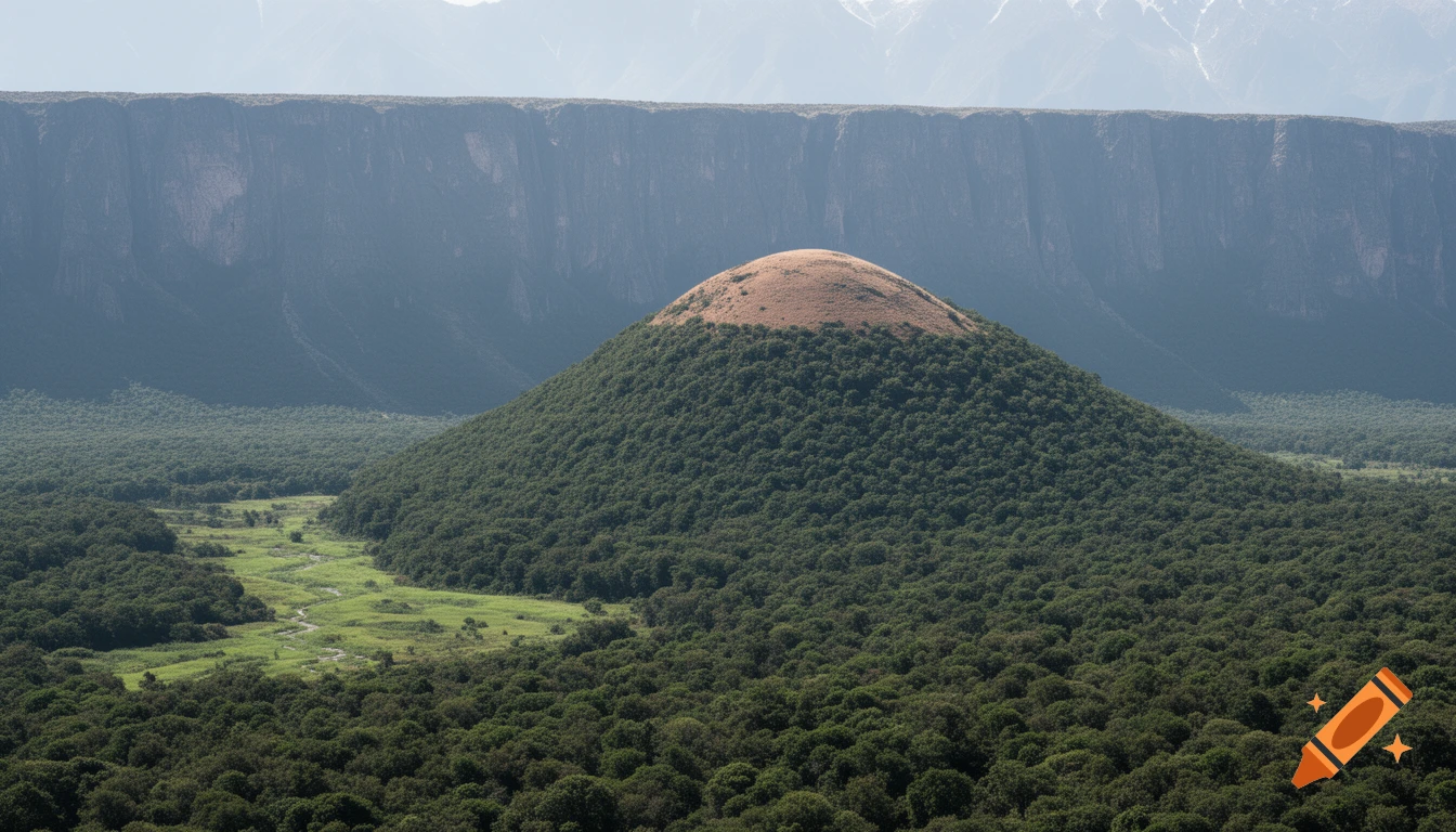 A panoramic view of a densely forested, conical hill with a bare top, a hazy cliff, and a winding green valley.