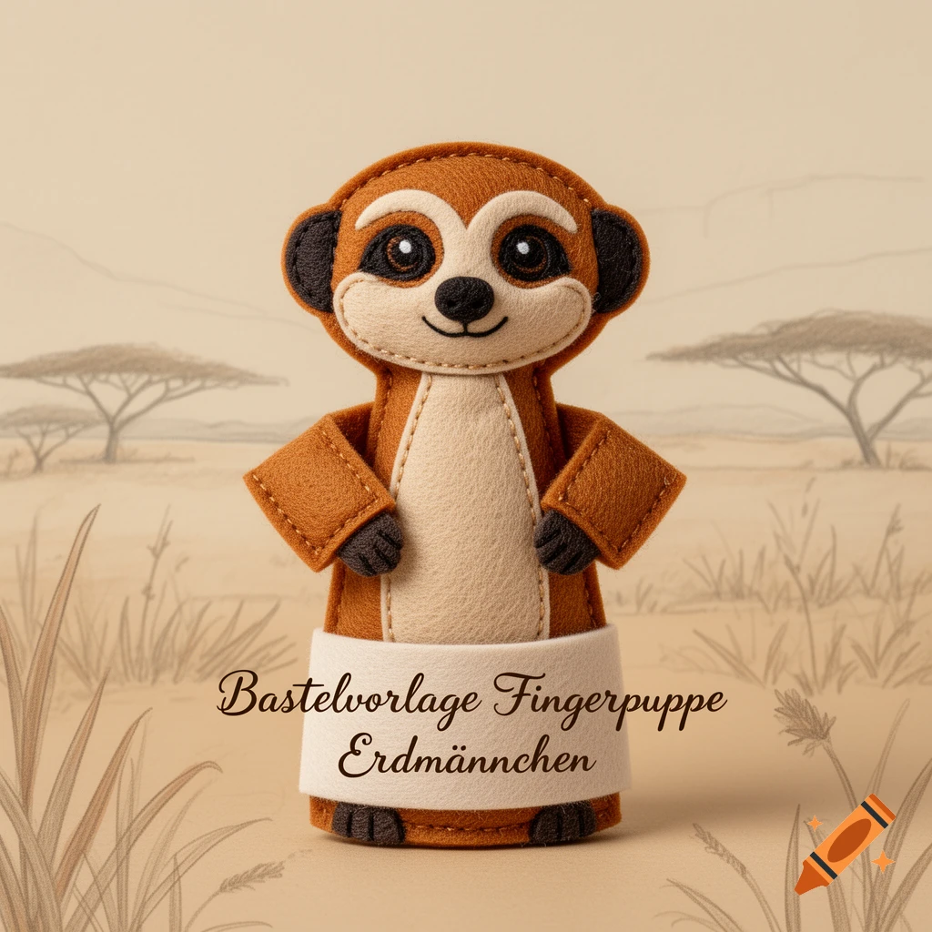 A felt meerkat finger puppet with text "Bastelvorlage Fingerpuppe Erdmännchen" on a white banner, against a desert background.