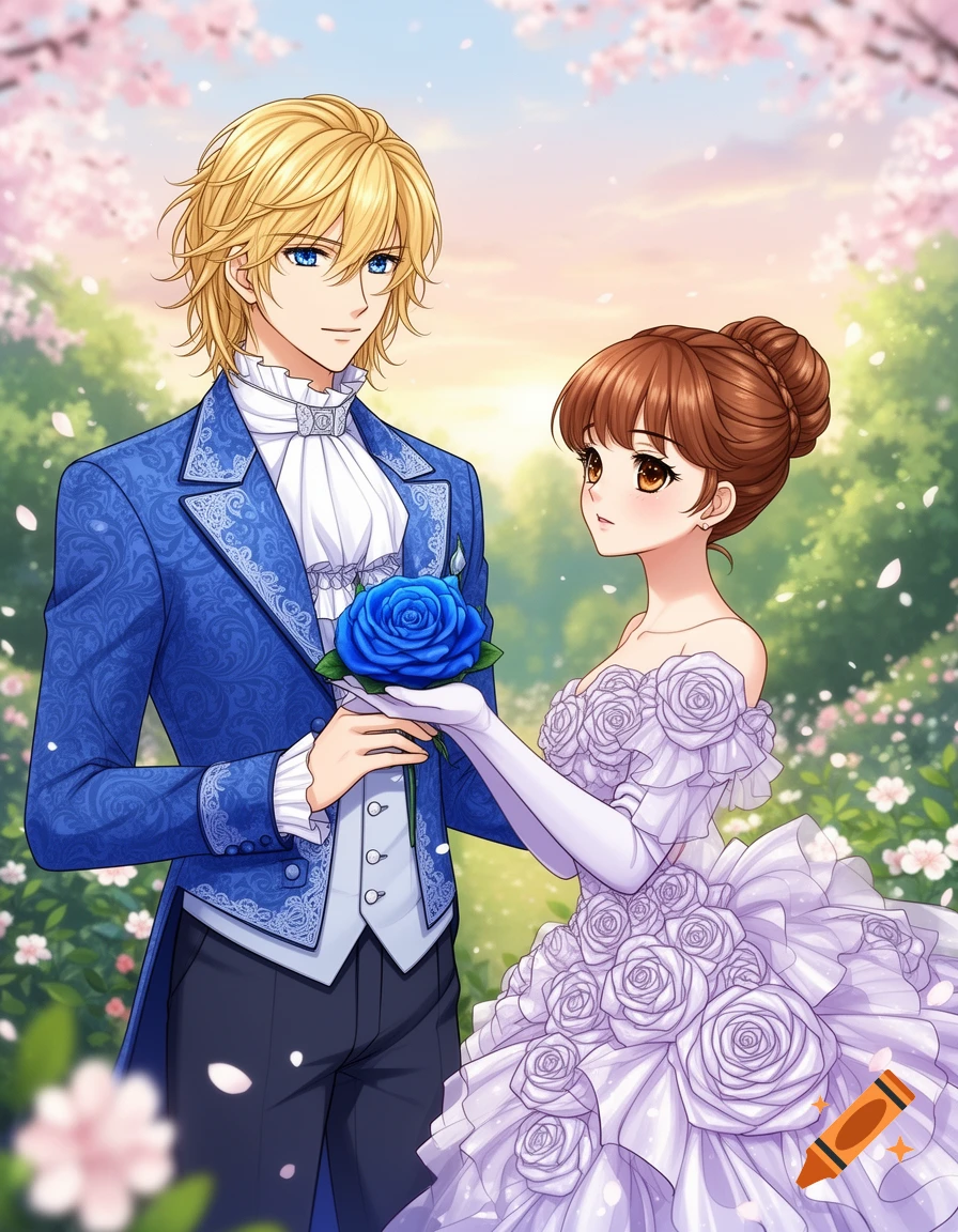 A blond anime prince in a blue suit holds a blue rose with a brown-haired anime princess in a white rosette gown, in a garden.