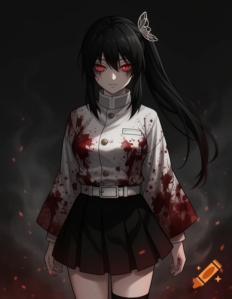 An anime girl with long black hair, red glowing eyes, wearing a blood-stained white uniform and black pleated skirt.