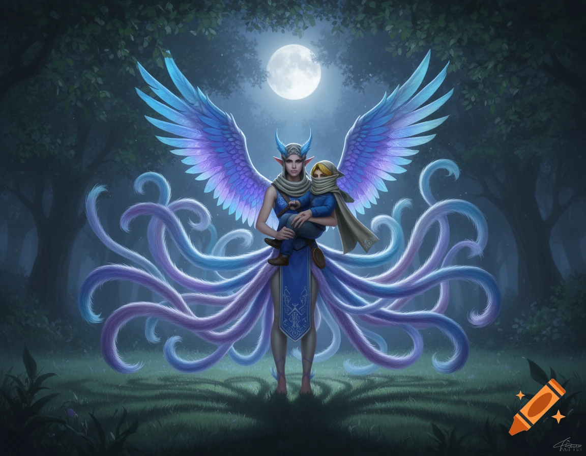A fantasy figure with large blue and purple wings and numerous flowing tails stands in a mystical forest under a full moon, holding a wrapped child.