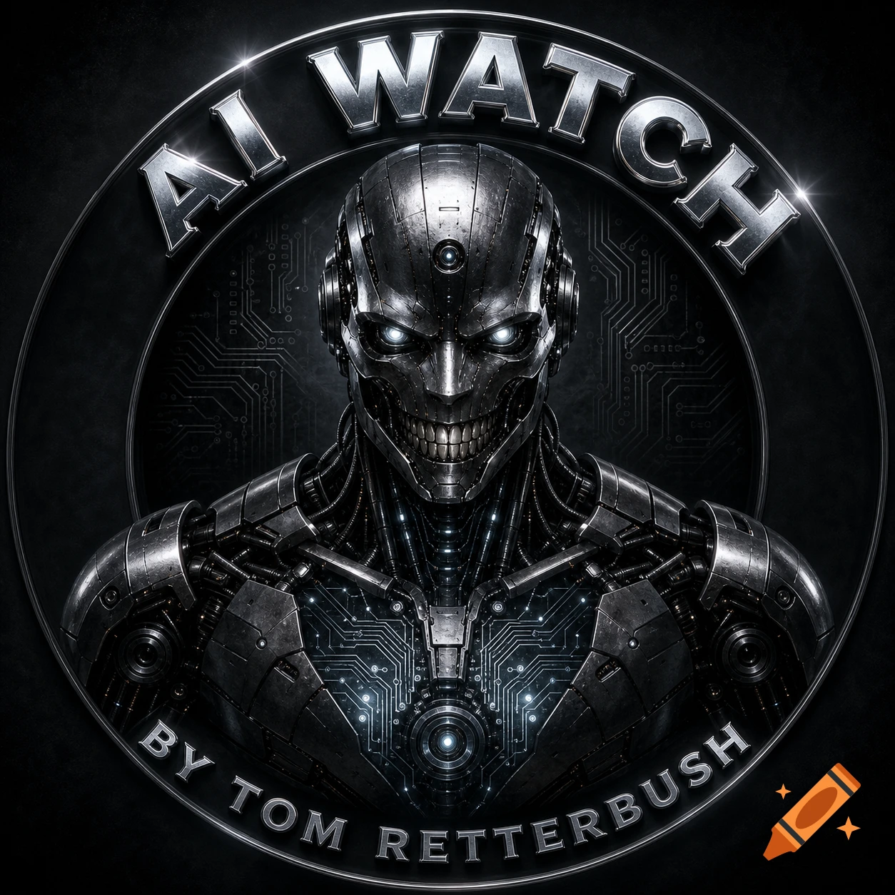 A dark, cinematic image of a metallic futuristic robot torso with a sinister smile and glowing eyes, featuring 'AI WATCH' text.
