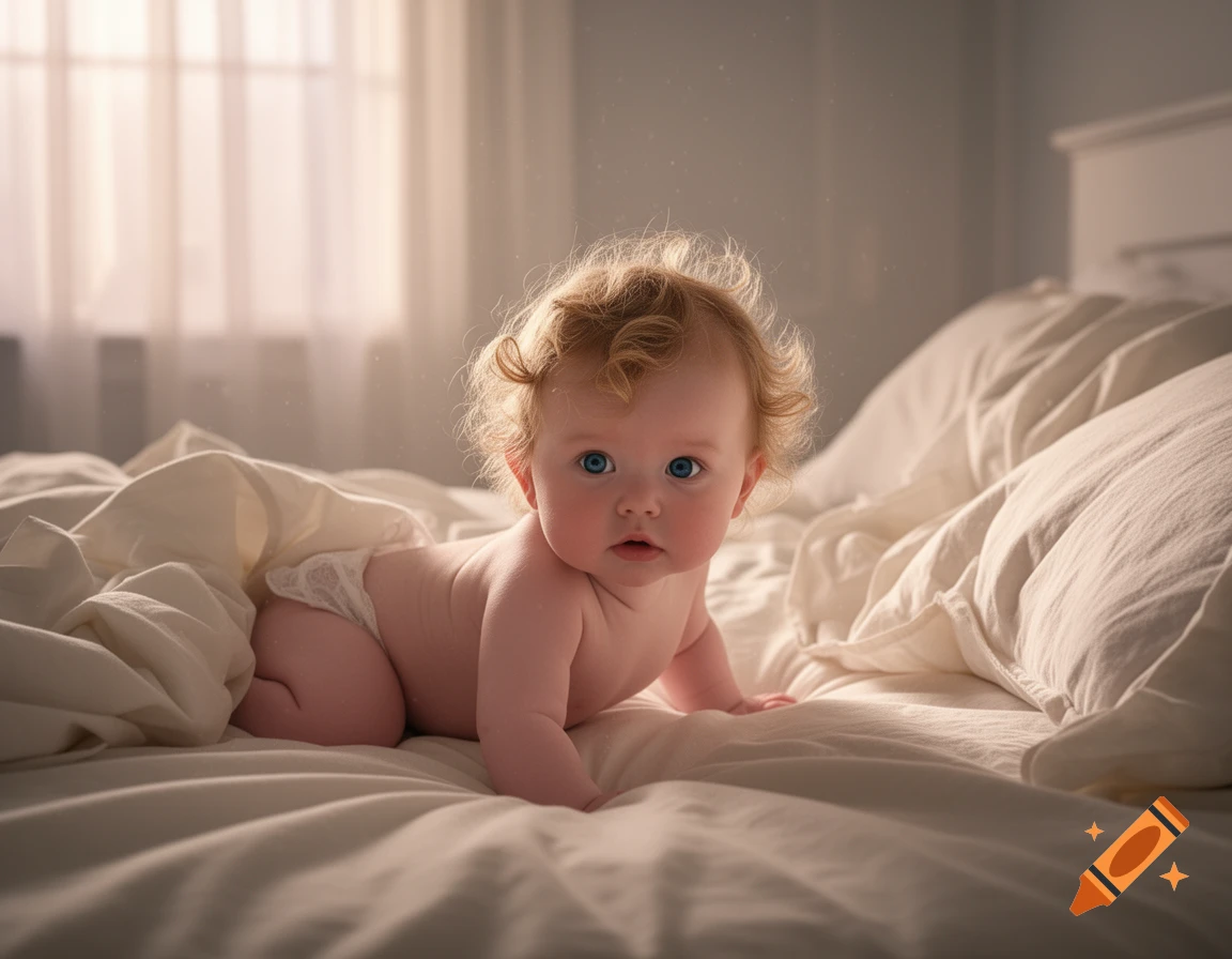A photorealistic image of a baby with curly blond hair and blue eyes, crawling on a rumpled white bed and looking at the viewer.