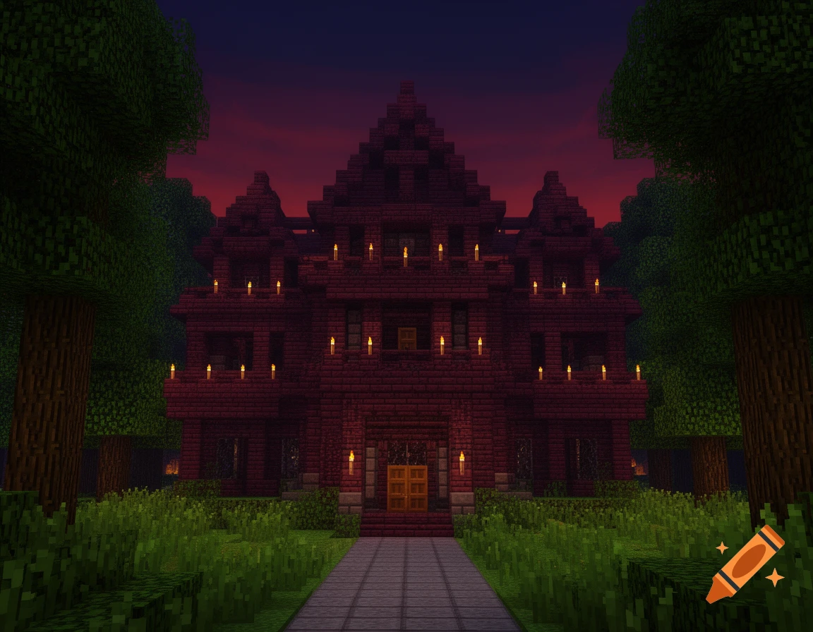 A blocky red Minecraft mansion with glowing torches stands at dusk, surrounded by green trees and grass.