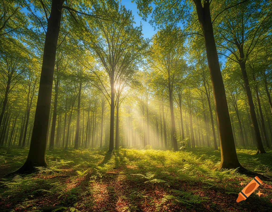 Sunlight streams through a lush green forest, illuminating the undergrowth.