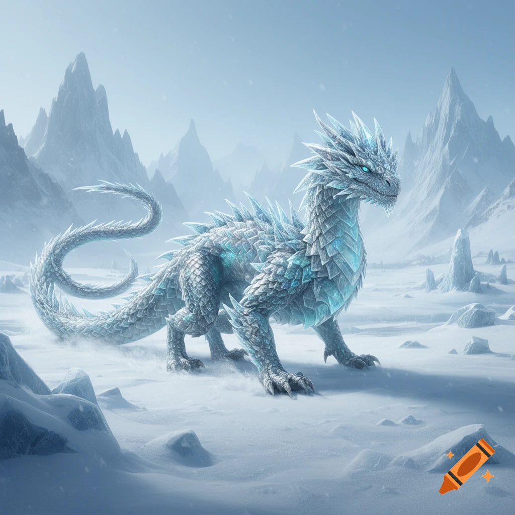 A majestic, spiky ice dragon with glowing blue eyes stands in a desolate, snowy mountain landscape.