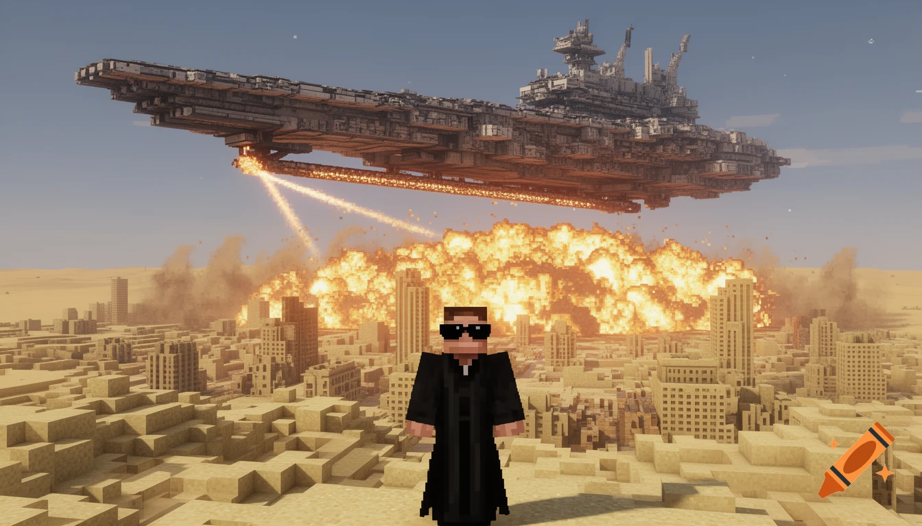 A Minecraft player in a black robe and sunglasses stands in a desert city as a large pixelated spaceship fires a laser, causing a massive explosion.