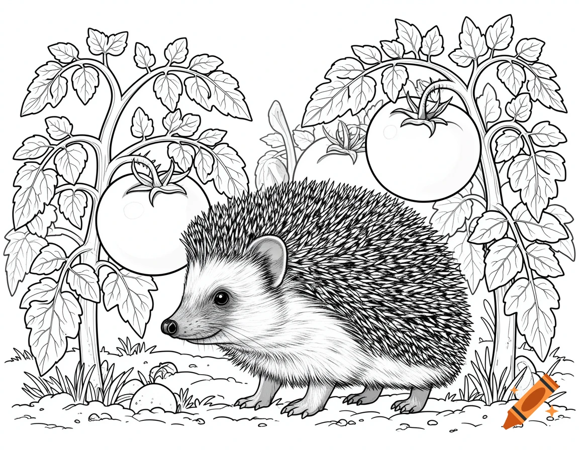 A realistic hedgehog walks among detailed tomato plants in a black and white coloring book style illustration.