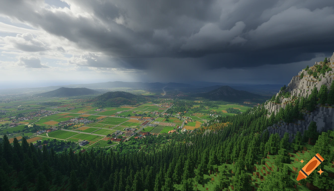 An aerial view of a vast Minecraft valley with farms and villages, seen from a forested mountainside under dramatic storm clouds.
