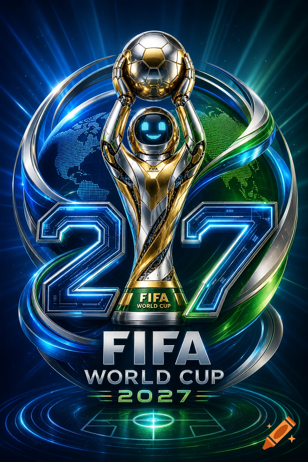 A futuristic FIFA World Cup 2027 logo with a gold and silver robot trophy holding a soccer ball, set against glowing blue and green elements.
