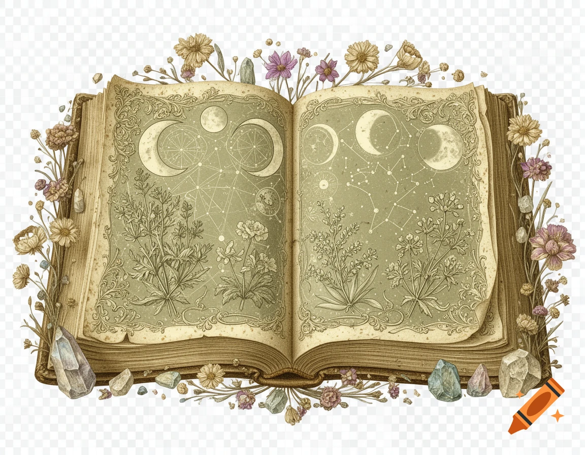 Antique spellbook open to illustrated pages of herbs, moon phases, constellations, dried flowers, and crystals in a vintage engraving style.