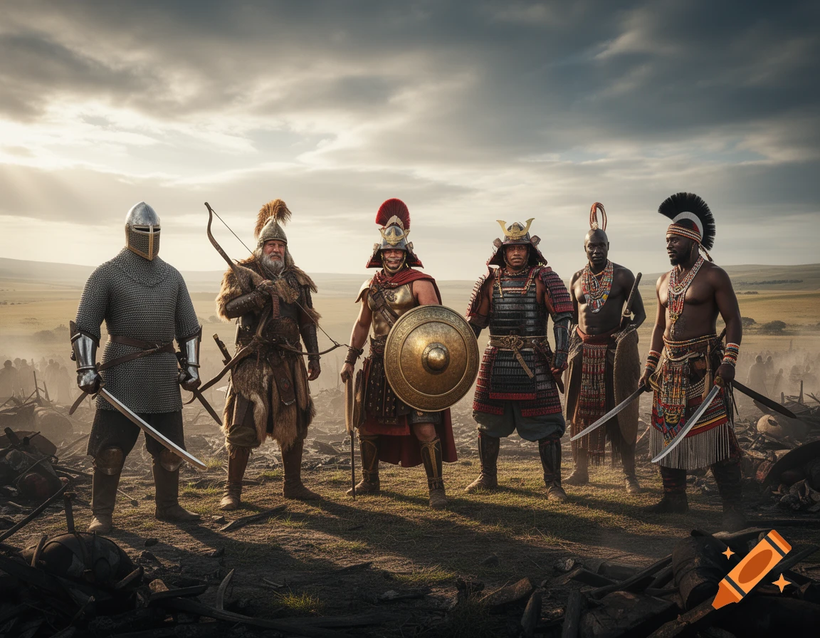 Six diverse warriors from different cultures (knight, archer, Roman, samurai, African) stand on a battlefield under a dramatic sky.