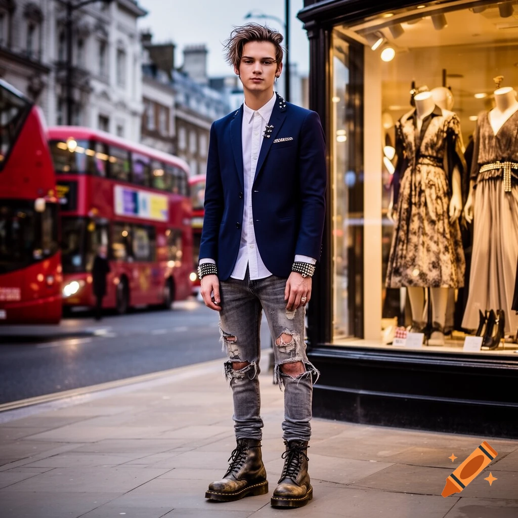 A young man in a preppy punk outfit, including a navy blazer, ripped grey jeans, and combat boots, stands on a sidewalk in a bustling city street with red double-decker buses and a storefront in the background.