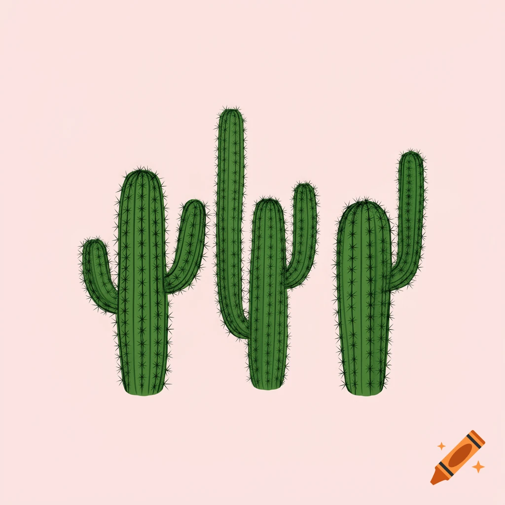 A minimalist illustration features three green cacti with detailed spines on a light pink background.