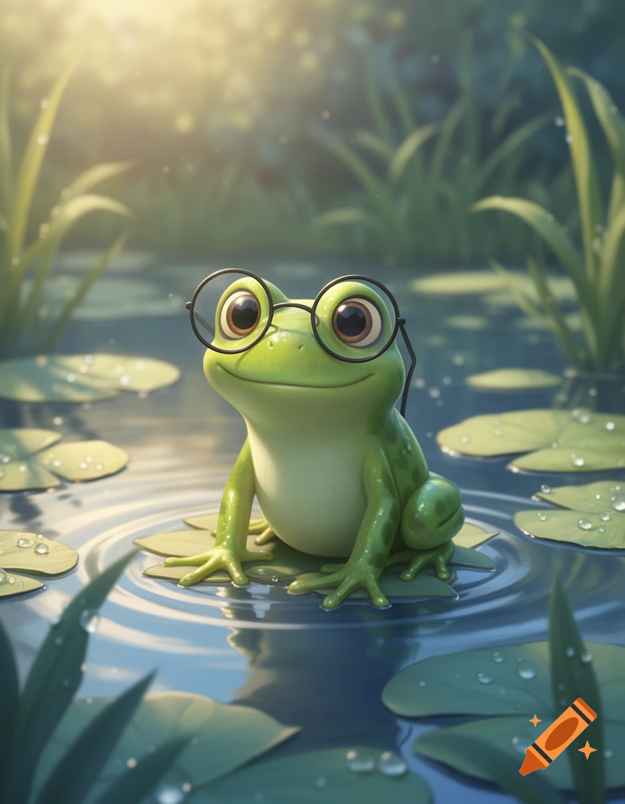 A cute animated green frog wearing round glasses sits on a lily pad in a sunlit pond, surrounded by water droplets and lily pads.