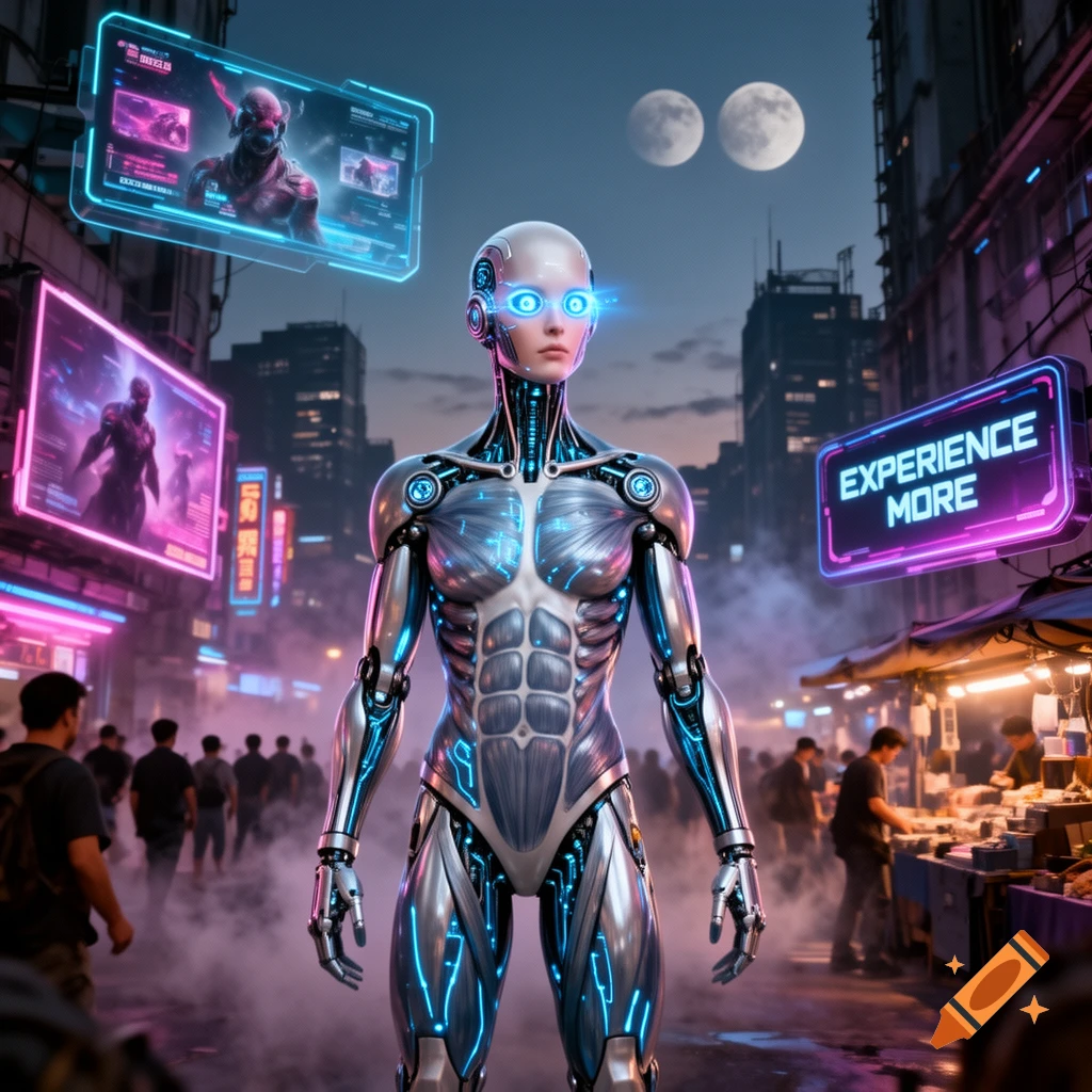 A humanoid robot with glowing blue eyes and neon accents stands in a bustling futuristic city street at dusk, surrounded by holographic screens and neon signs, under a sky with two moons.