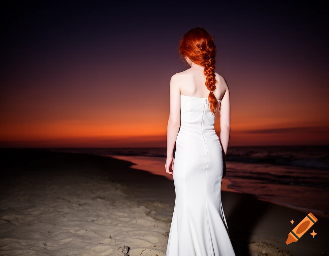 Rear view of a woman with braided red hair in a white strapless dress, standing on a beach at sunset.