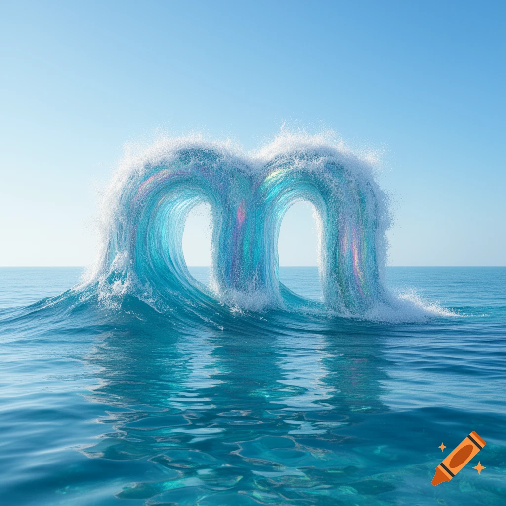 A clear blue ocean wave forms the letter 'm' with colorful light streaks, under a bright sky.