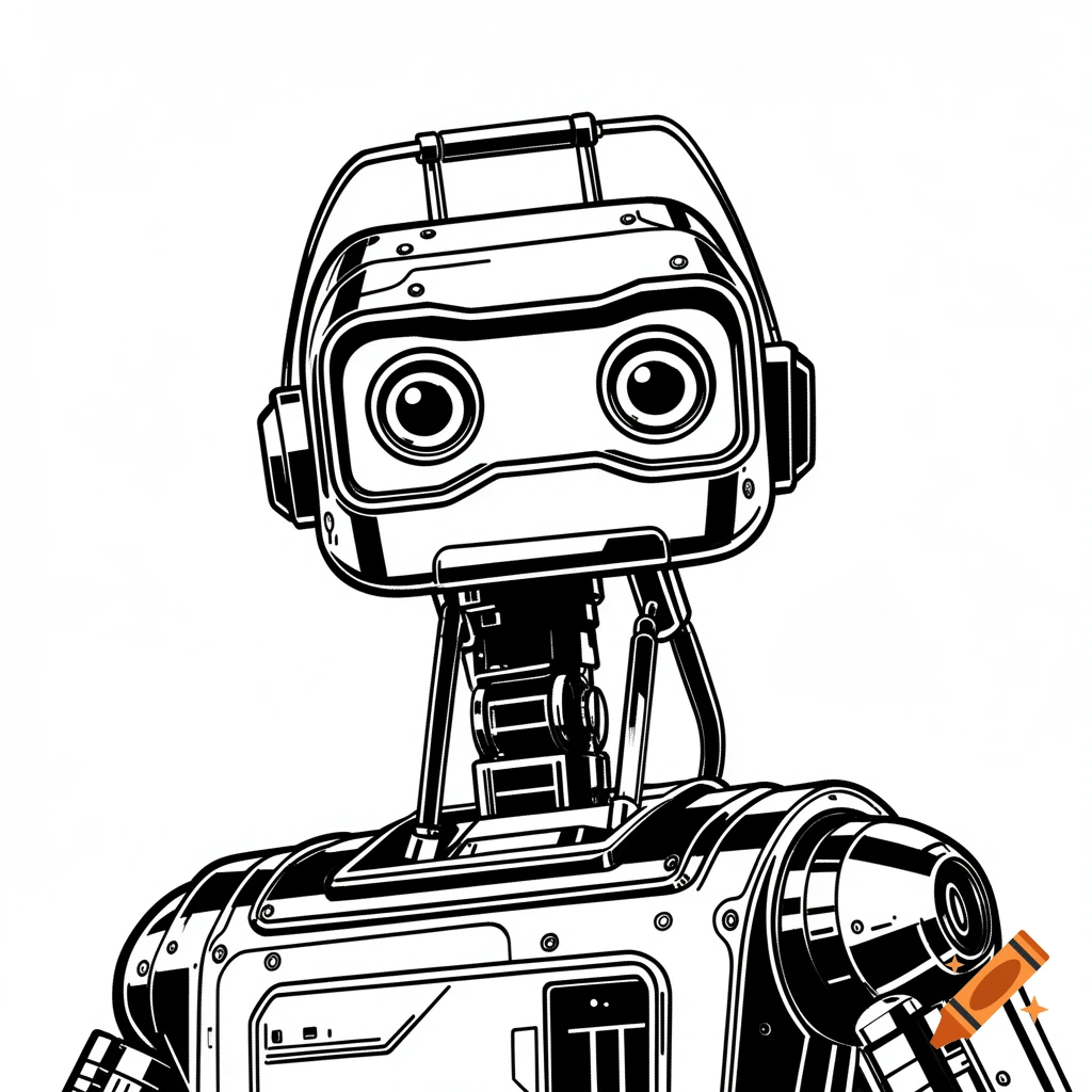 Black and white outline illustration of the robot Johnny 5, showing his upper body with large, round eyes.