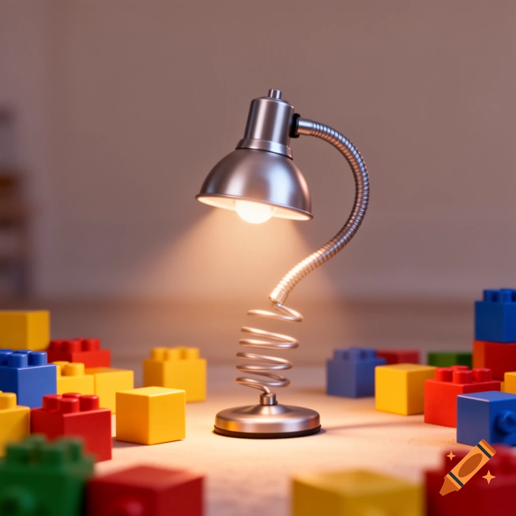 A silver Luxo Jr. style desk lamp with a coiled spring base shining on scattered colorful building blocks.