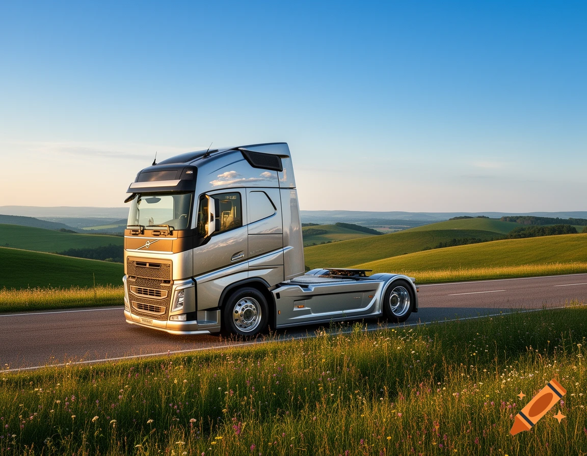 A silver Volvo semi-truck travels on a rural road through green rolling hills under a clear blue sky.