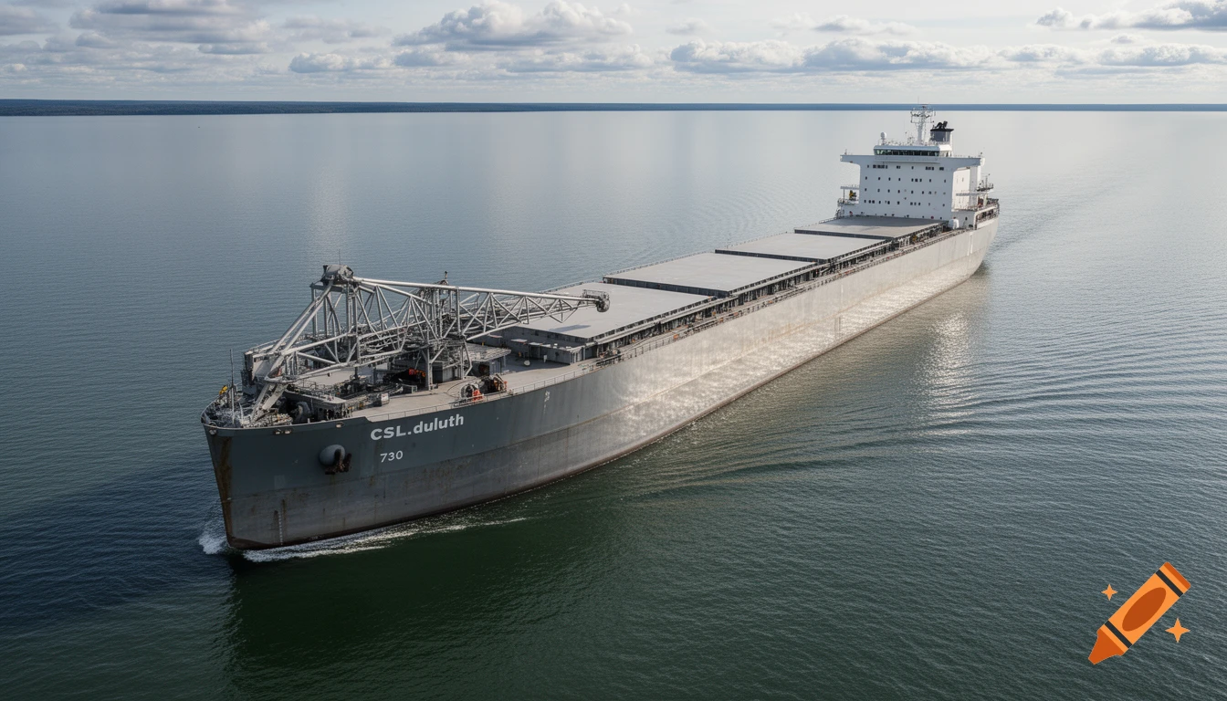 A large grey cargo ship with a bow-mounted self-unloading system sails on calm, blue water under a partly cloudy sky.
